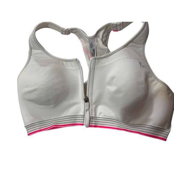 Danskin Now High-Impact Sports Bra 38C White Racerback W/ Pink Stripes Front Zip - Picture 1 of 6